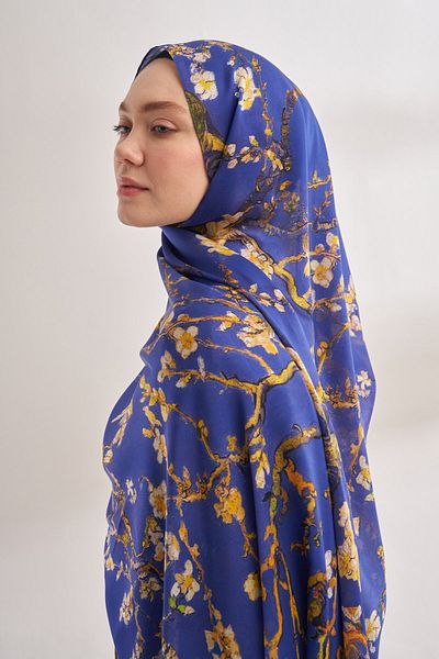ARMANDA Şal faimos cu model de flori de migdal semnat de Van Gogh - albastru Parlament