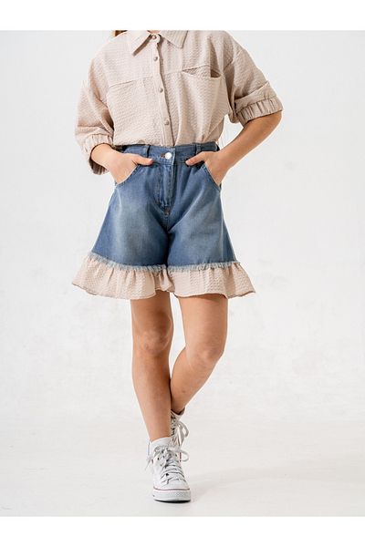 GİYİCEM TEKSTİL Girl's Garnished Denim Shorts 2867