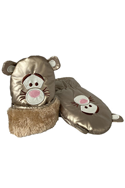 İşnar Çocuk Kar Eldiven Karamel Parmaksız Kar Eldiveni 2-4 Yaş Kaplan Desenli Model 4114-6214