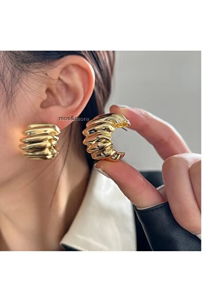 mos&more Gold Vintage Stil Geometrik C-Şekilli Tasarım Hafif Küpe