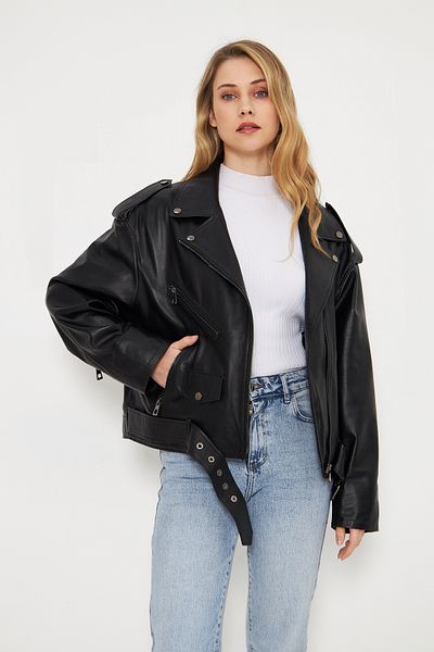 By Marki Marki Women's Genuine Leather Jacket - Black, Belted, Oversize, Strap Shoulder Detail, 70 cm