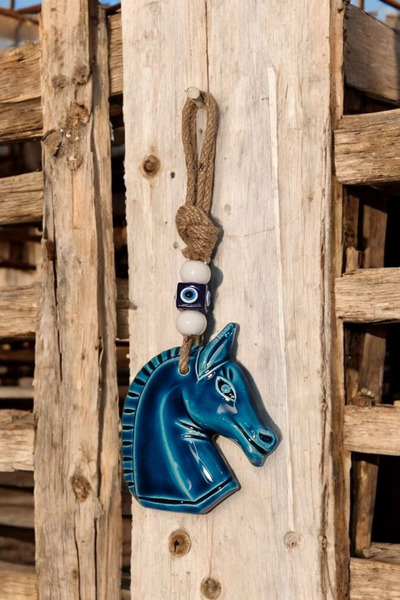 Revard Home Nazar Boncuklu Asil At Figürlü Seramik El Yapımı Dekoratif Duvar Süsü Eşyası 9X24 CM
