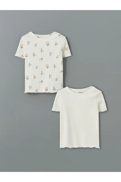 LC Waikiki LCW Kids Ecru Crew Neck Floral Girls Crop T-shirt 2-pak