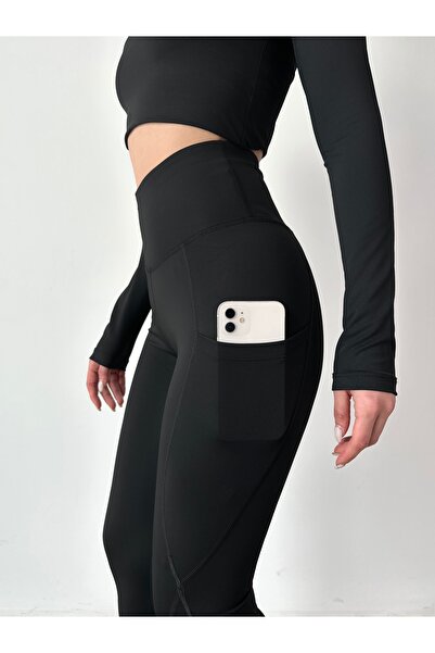 jeneric طماق رياضية نسائية سوداء عالية الخصر بجيب مزدوج