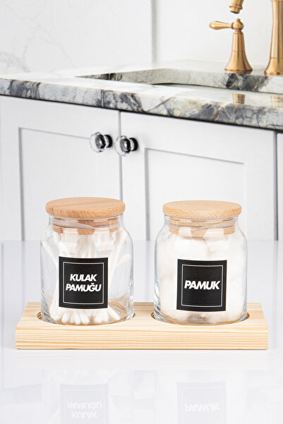 naturelove Set de 2 recipiente pentru bumbac cu suport din lemn și capace cu ...