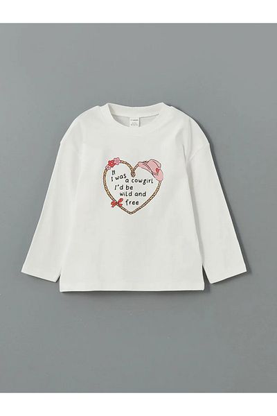 LC Waikiki LCW Kids Ecru T-shirt dziewczęcy z okrągłym dekoltem i nadrukiem, 2 sztuki