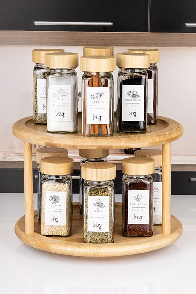 naturelove Set of 12 Bamboo Lid Spice Racks / with 2-Tier Rotating Stand