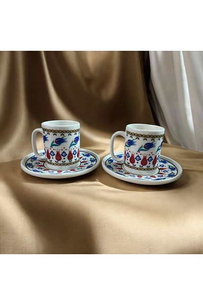 WPAWZ Porcelain Topkapı Tulip Patterned Turkish Coffee Cup Set for 2 People 4 Pieces