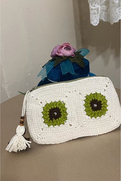 Afilli Culoare albă, cu design floral în relief, cu fermoar, tricotat manual, suport pentru carduri, husă pentru telefon, portofel, geantă mică