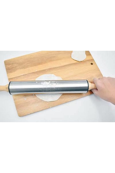 ALMUFARREJ Stainless Steel Dough Roller with Wooden Handles for Baking, Cooking, Cookies, Pizza, Dough, Pastry