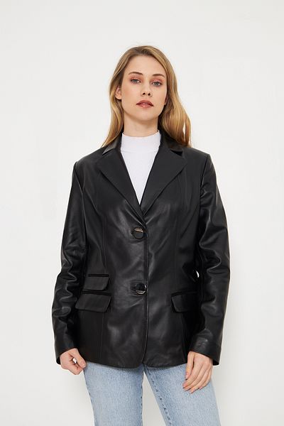 By Marki Marki -Women's Black Genuine Leather Blazer Jacket Fit Cut Button Closure 67 Cm- 116722
