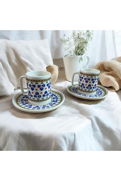 WPAWZ Turkish Coffee Cup Set for 2 People - Porcelain Topkapi Çintemani Patterned 4 Pieces