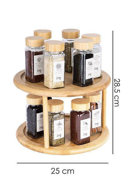 naturelove Set of 12 Bamboo Lid Spice Racks / with 2-Tier Rotating Stand