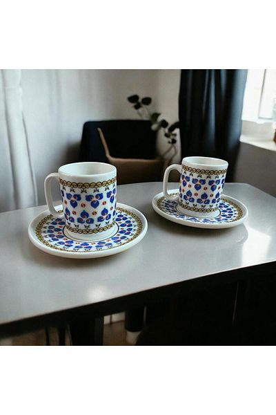WPAWZ Turkish Coffee Cup Set for 2 People - Porcelain Topkapi Çintemani Patterned 4 Pieces