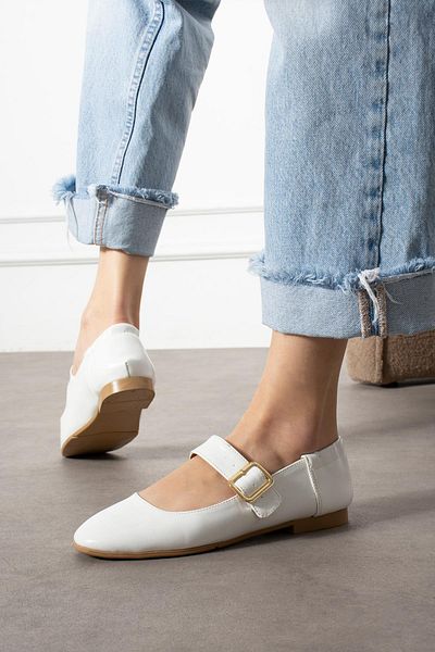 ShoeTek Balerini Hanna din piele albă cu curea cu cataramă