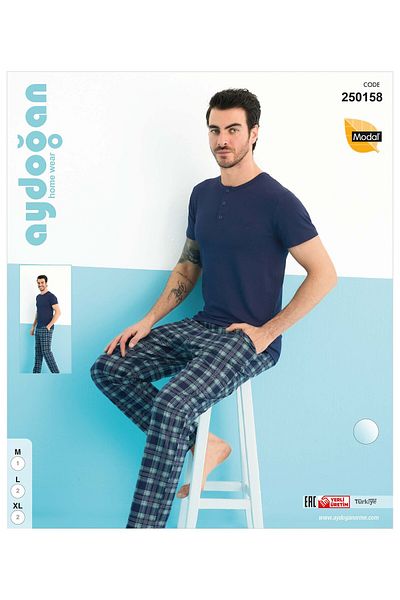 Aydoğan Brand Modal Fabric Buttoned Collar Square Pattern Navy Blue Color Men's Pajama Set 250158