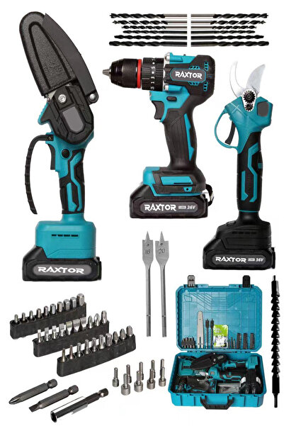 RAXTOR 3 Lü Set Kömürsüz Motor Çift Akülü Şarjlı Matkap Şarjlı Budama Makası ...