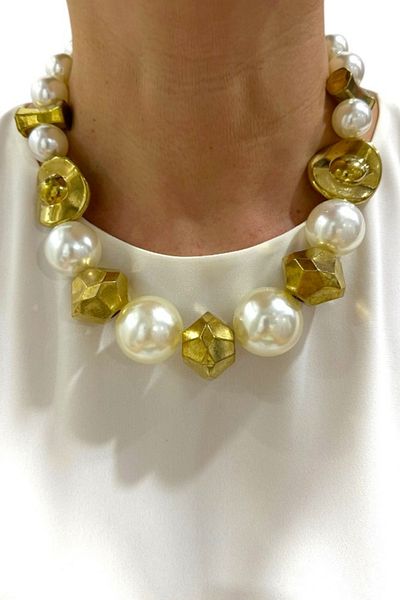 PETEK AKSESUAR Metallized Style Necklace with Large Pearl