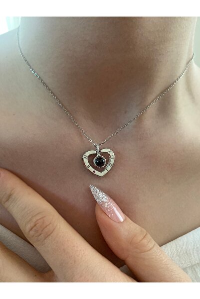 BijuteriSaray أنا أحبك بـ 100 لغة قلادة فضية على شكل قلب