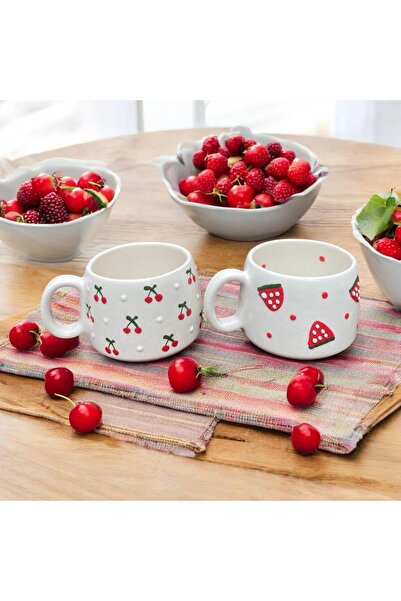 DDHANDMADE 2'li El Yapımı Seramik Çay Kahve Kupası Türk Kahvesi Fincanı Kupa Çilek Kiraz Hediyelik Ceyiz