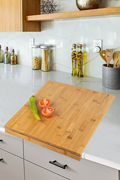 naturelove Büyük kalın 45x38x3,5 cm Bambu Mutfak Ekmek Kesme Tezgâhı Şef Usta Et Kesim Doğrama Oluklu