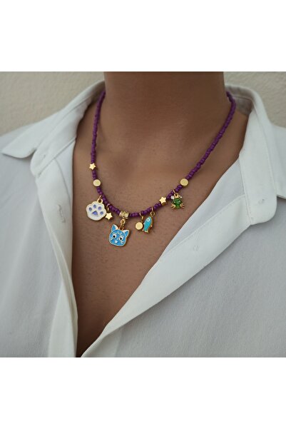 sondonfashion Kedi Kolye Mor Cam Boncuk ,mineli Balık ,yengeç Ve Patili Şans ...