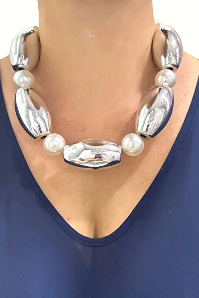 PETEK AKSESUAR Big Metallized Pearl Necklace