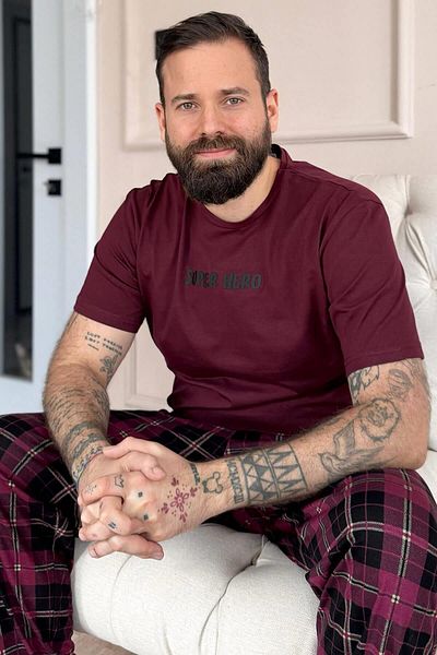 Pijamaevi Claret Red Hero Printed Short Sleeve Men's Pajama Set