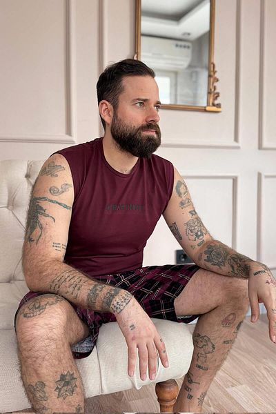 Pijamaevi Burgunderrot Original bedruckt Zero Sleeve Shorts Herren Pyjama Set