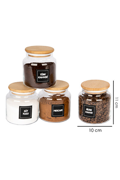 naturelove 4'Lü Ahşap Vakumlu Kapaklı Filtre Kahve, Türk Kahvesi, Nescafe, Süt Tozu Kavanozu 600 Ml Cam Kavanoz