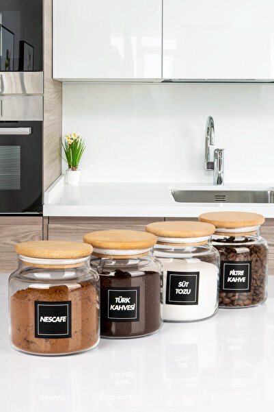 naturelove 4'Lü Ahşap Vakumlu Kapaklı Filtre Kahve, Türk Kahvesi, Nescafe, Süt Tozu Kavanozu 600 Ml Cam Kavanoz