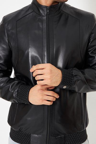 By Marki Marki Men's Genuine Leather Jacket - Black, Zippered, Leather Knitwear, Stitching Detail, 70 cm