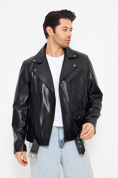 By Marki Marki Men's Genuine Leather Jacket - Black Double Breasted Collar Belted Strap Shoulder Detail 70 cm