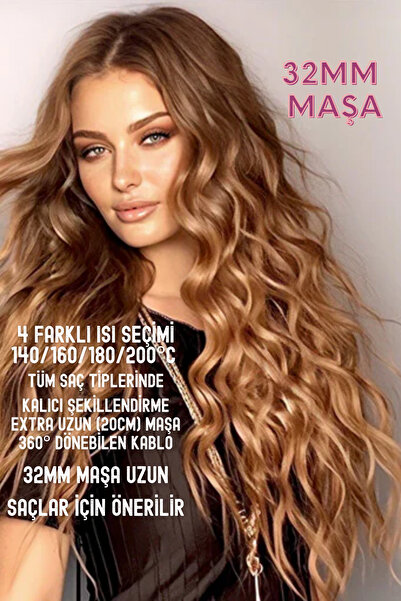 Shibowavy 32 mm Seramik Kaplama XL Saç Maşası (Ayarlanabilir Isı , Hediye Eldiven , Uzun Başlık)