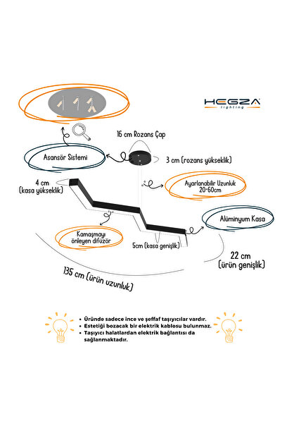 Hegza Lighting Zigzag ( Gri Kasa, Beyaz Işık ) Ledli Modern Led Avize, Salon, Mutfak, Oturma Yatak Odası, Sarkıt