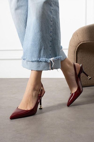 ShoeTek Burgundy Patent Leather Jola Women's Heeled Stiletto - Back Strap Buckle Detailed