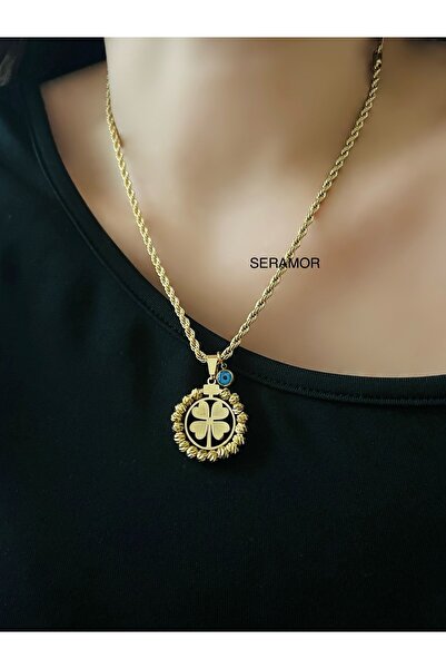 SERAMOR Dorika çerçeveli burgu zincirli 4 yapraklı yonca kolye çelik