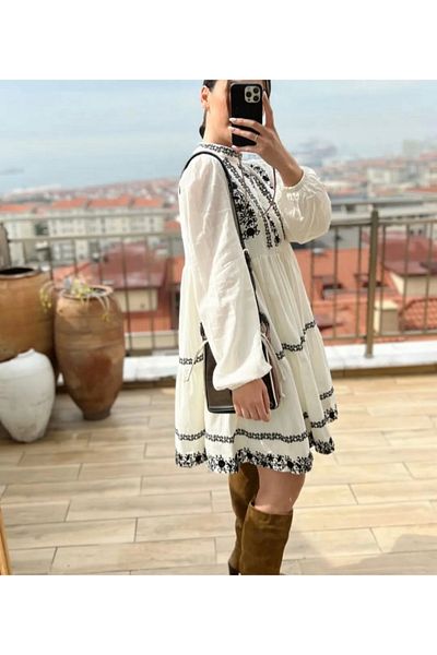 K-ODEA BUTİK Women's Black Floral Bohemian Stylish Embroidery Detailed Mini Dress-Ecru Color
