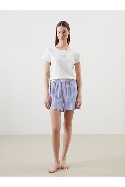 LC Waikiki Lcw Dream Lilac Crew Neck Embroidered Women's Shorts Pajamas Set
