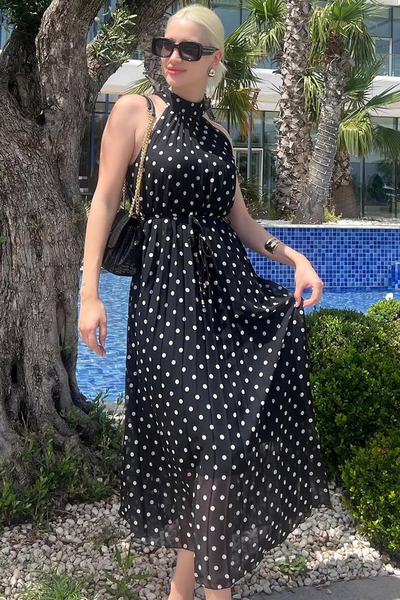 MissKybele Halter Yuvarlak Yakalı Kolsuz Puanlı İçi Astarlı Kuşaklı A-Line Pl...