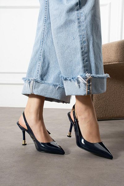 ShoeTek Navy Blue Patent Leather Jola Women's Stiletto - Back Strap Buckle Heeled Shoes