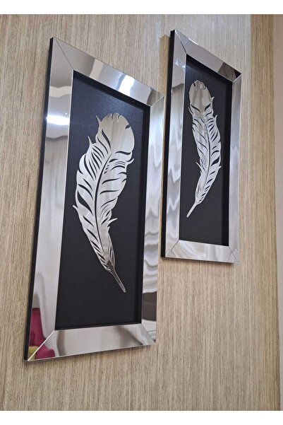 TUĞBArt 2 Li Aynalı Pleksi Tablo 3 Boyutlu Çerçeve Tüy Model Gümüş Renk