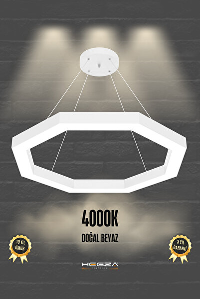 Hegza Lighting Octagon ( Beyaz Kasa, Doğal Beyaz Işık ) Modern Led Avize, Sal...