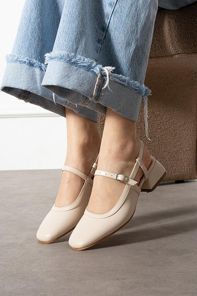 ShoeTek Women's Heeled Beige Leather Ballerinas, Thick Mod with Ankle Strap