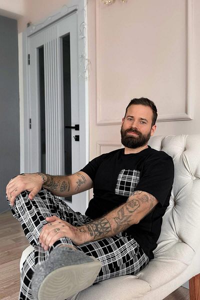 Pijamaevi Ασπρόμαυρο καρό σχέδιο με λεπτομέρεια τσέπης κοντομάνικο ανδρικό σετ πιτζάμες