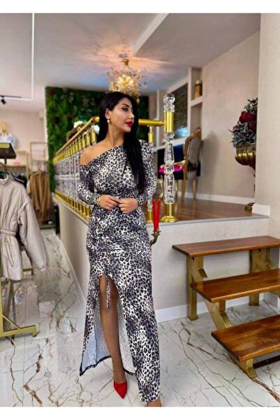 Gülşen Gök Butik Leopar Desen Yırtmaçlı Elbise