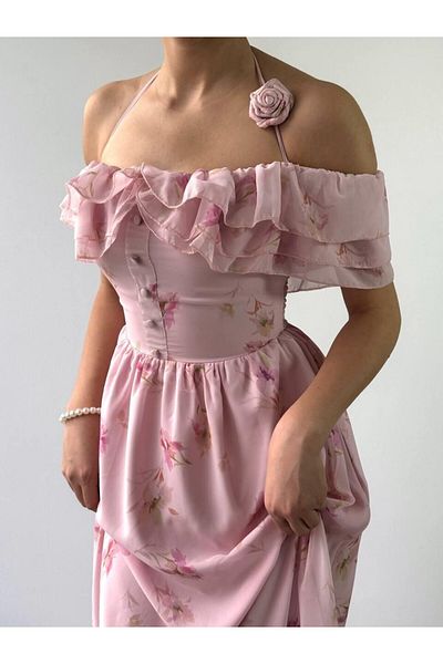 Julidress Ροζ τριαντάφυλλο με κορδόνια με λεπτομέρεια με λουλουδάτο σχέδιο με ελαστική μέση μίντι φόρεμα σιφόν