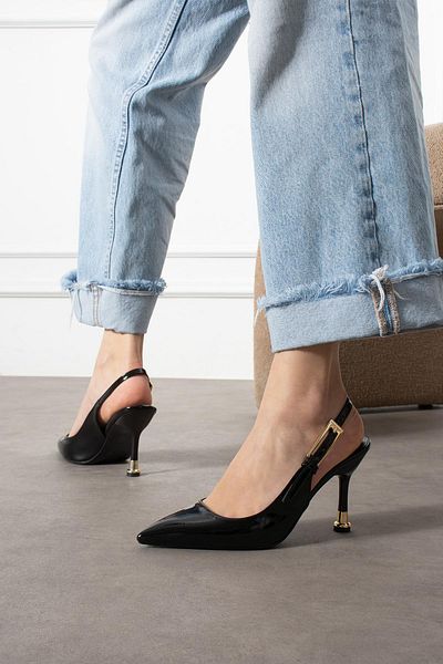 ShoeTek Black Patent Leather Jola Women's Stiletto - Back Strap and Buckle