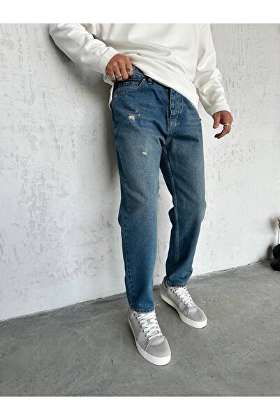 BDRMAN Koyu Mavi Eskitme Model Yırtıklı Boyfriend Pantolon