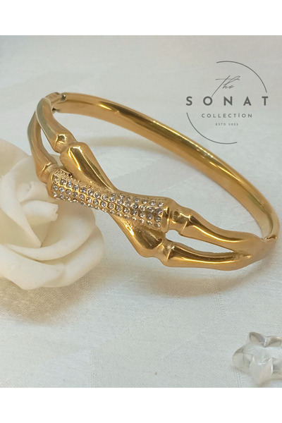 Sonat Collection سوار من الفولاذ المقاوم للصدأ بلون ذهبي وحجر الزركون ومفصل م...